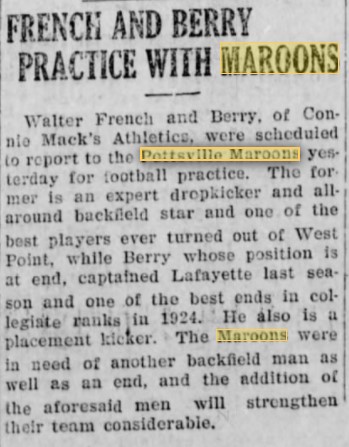walter french charlie berry pottsville maroons kickers 1925 mount carmel item september 30