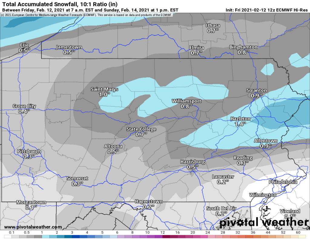 euro model valentines day weekend snow total map pennsylvania