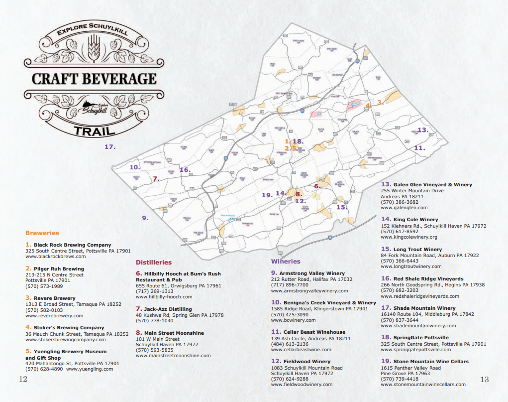 map of the schuylkill county craft beverage trail