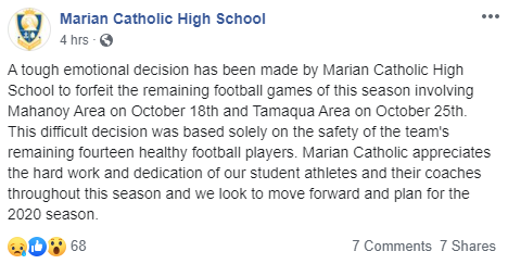 marian catholic cancels football