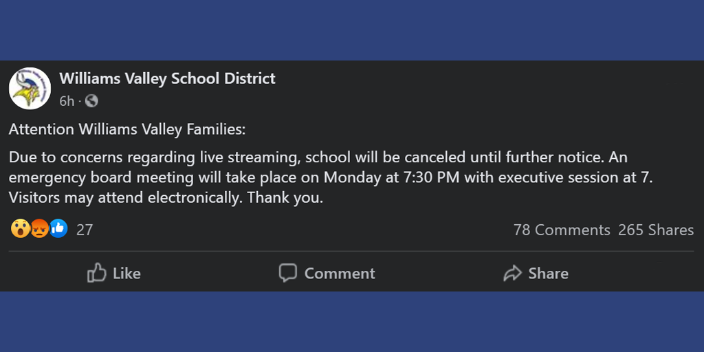 williams valley cancels school start