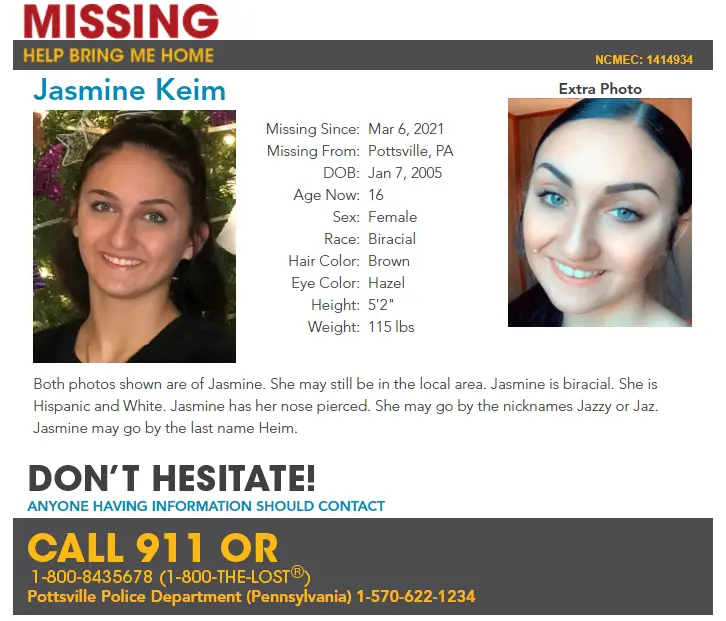 jasmine keim missing poster pottsville pa