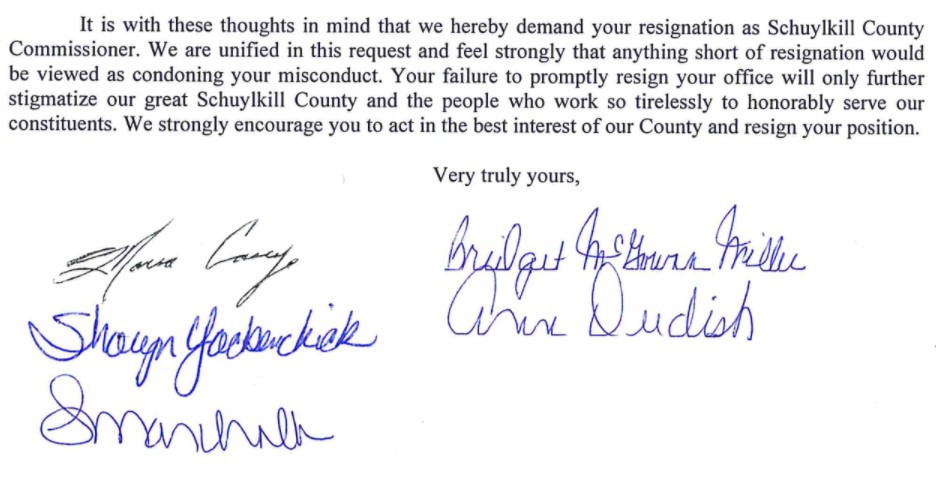 schuylkill county officials demand halcovage resignation
