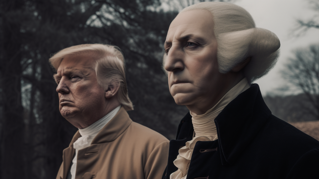 An AI image of Donald Trump standing with George Washington at Mt. Vernon.