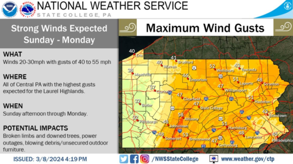 wind advisory issued for Schuylkill County on March 10, 2024