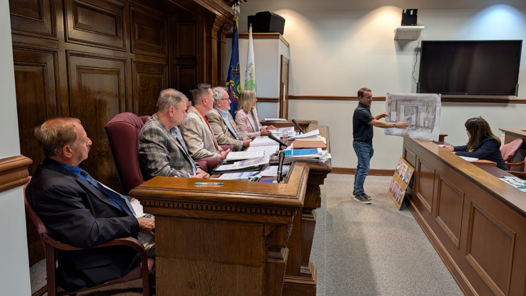 Developer Bill Metzinger presents his plans for the former Holy Family School in Frackville to the Schuylkill Zoning Hearing Board on Tuesday night at Schuylkill County Courthouse. (Coal Region Canary photo)